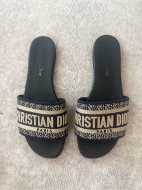 Dior Navy and Beige Logo Slide Mules
